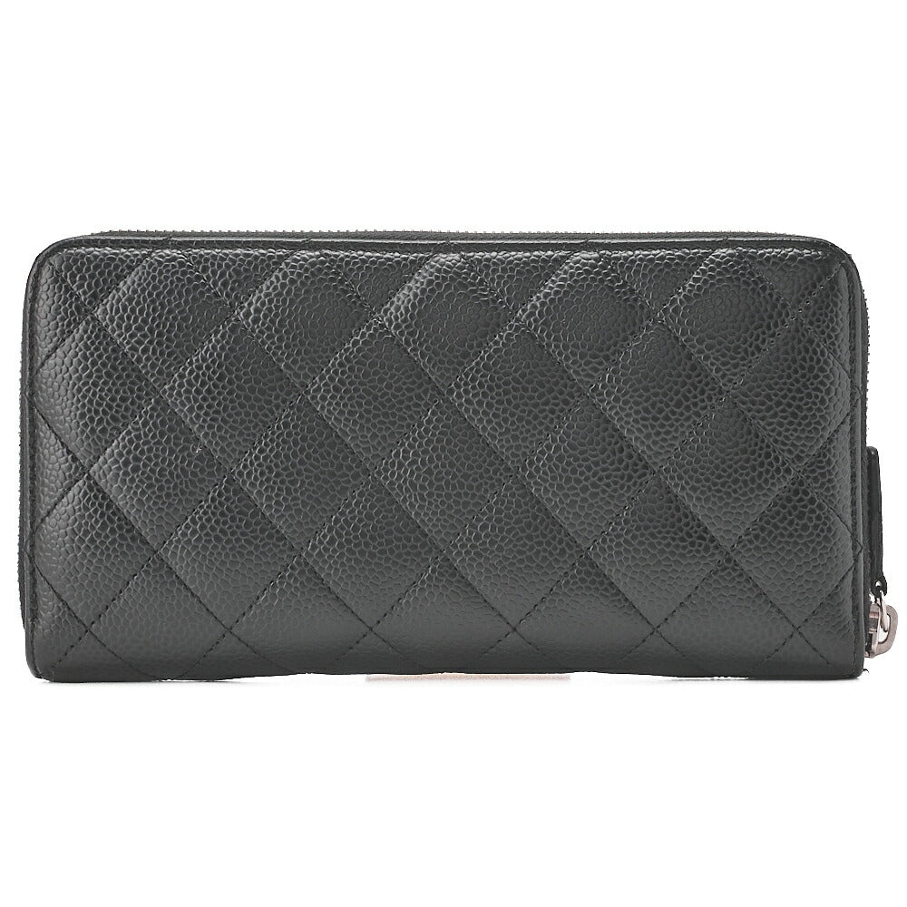 CHANEL Matrasse Round Long Wallet Caviar Skin Black Women's Wallet Silver-Tone Hardware, Pre-Owned