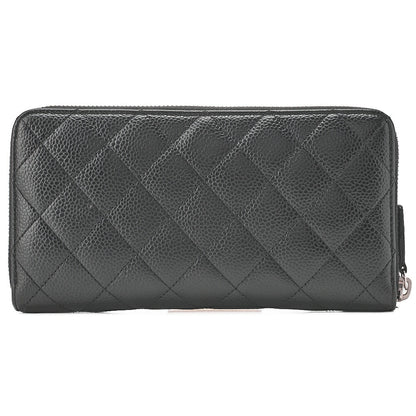 CHANEL Matrasse Round Long Wallet Caviar Skin Black Women's Wallet Silver-Tone Hardware, Pre-Owned