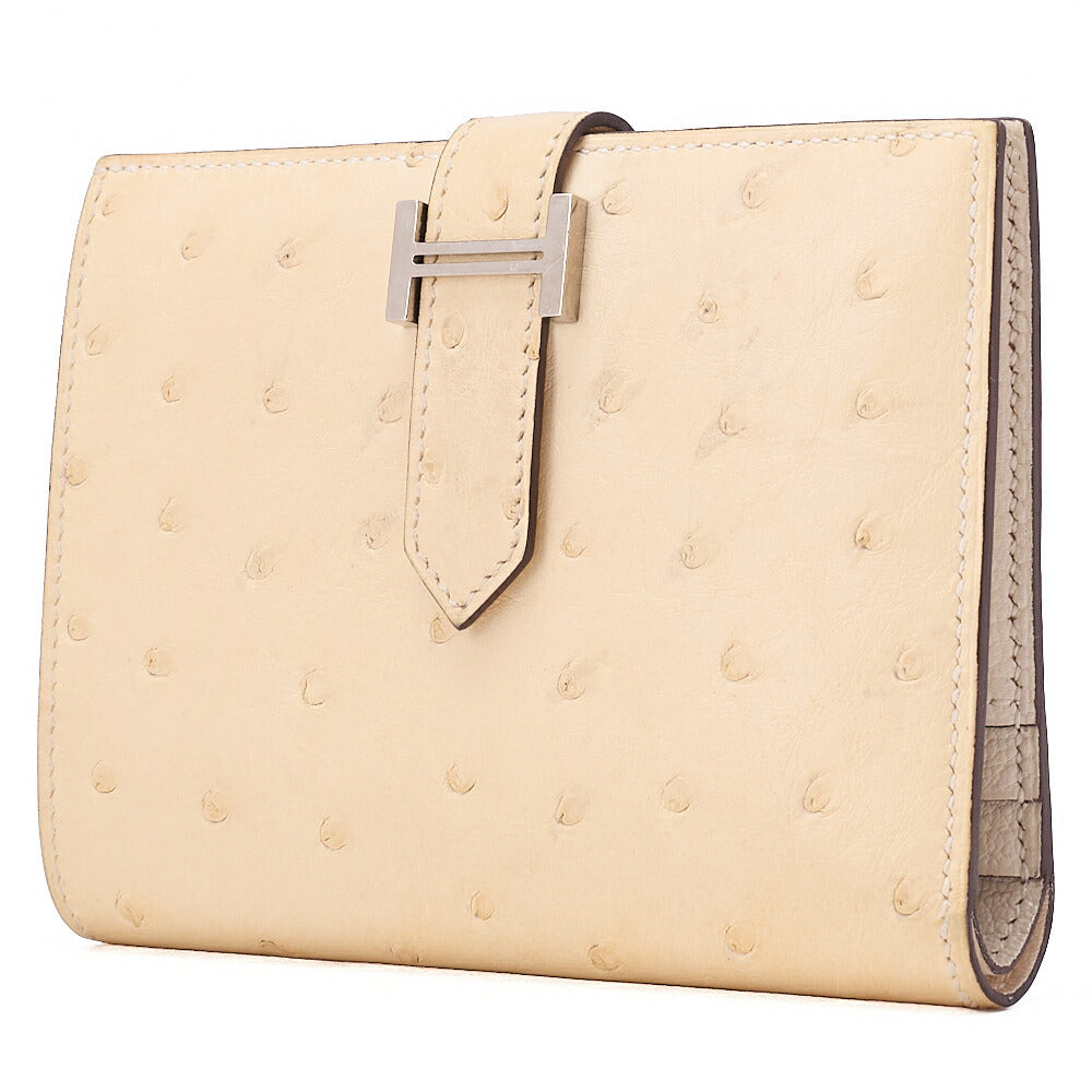 HERMES Bare Compact Bi-Fold Wallet Ostrich Massachusetts Women's Wallet Silver-Tone Hardware, Pre-Owned