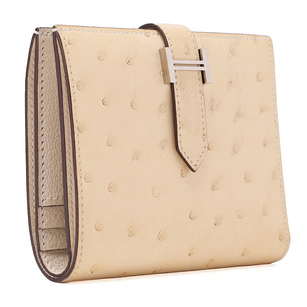 HERMES Bare Compact Bi-Fold Wallet Ostrich Massachusetts Women's Wallet Silver-Tone Hardware, Pre-Owned