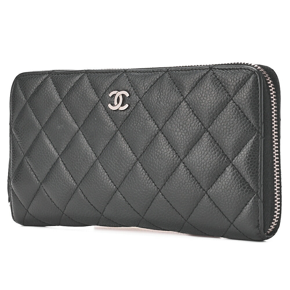CHANEL Matlasse Round Long Wallet Caviar Skin Black (Silver Fittings) Women's Wallet Wallet [Used] [Free Shipping]