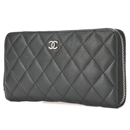 CHANEL Matlasse Round Long Wallet Caviar Skin Black (Silver Fittings) Women's Wallet Wallet [Used] [Free Shipping]