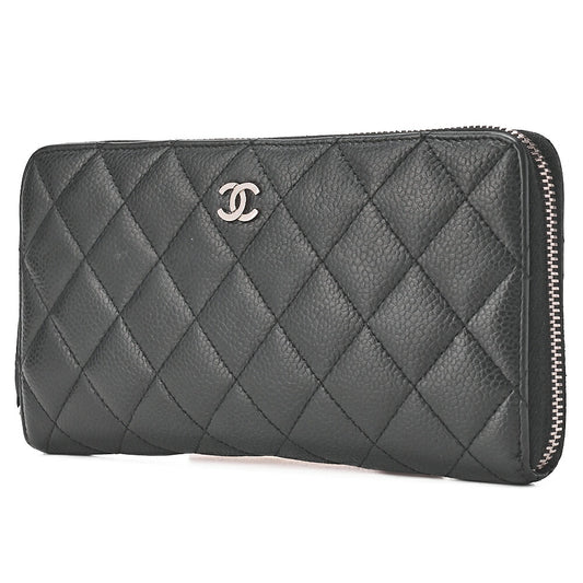 CHANEL Matlasse Round Long Wallet Caviar Skin Black (Silver Fittings) Women's Wallet Wallet [Used] [Free Shipping]