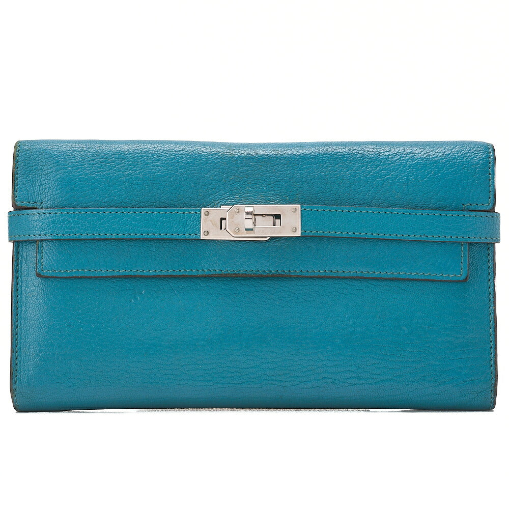 HERMES Kelly Wallet 2-Fold Long Wallet Chevre Verrone Vertverone Women's Wallet Silver-Tone Hardware, Pre-Owned