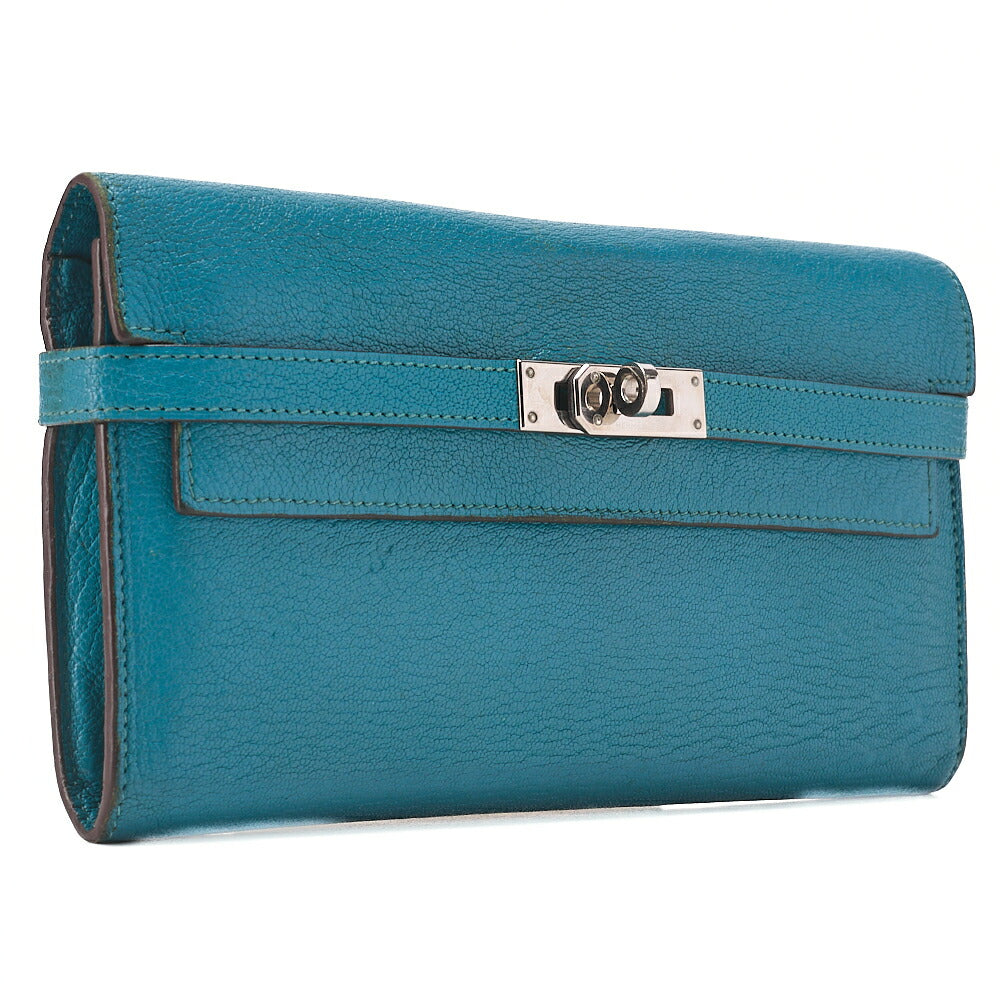 HERMES Kelly Wallet 2-Fold Long Wallet Chevre Verrone Vertverone Women's Wallet Silver-Tone Hardware, Pre-Owned