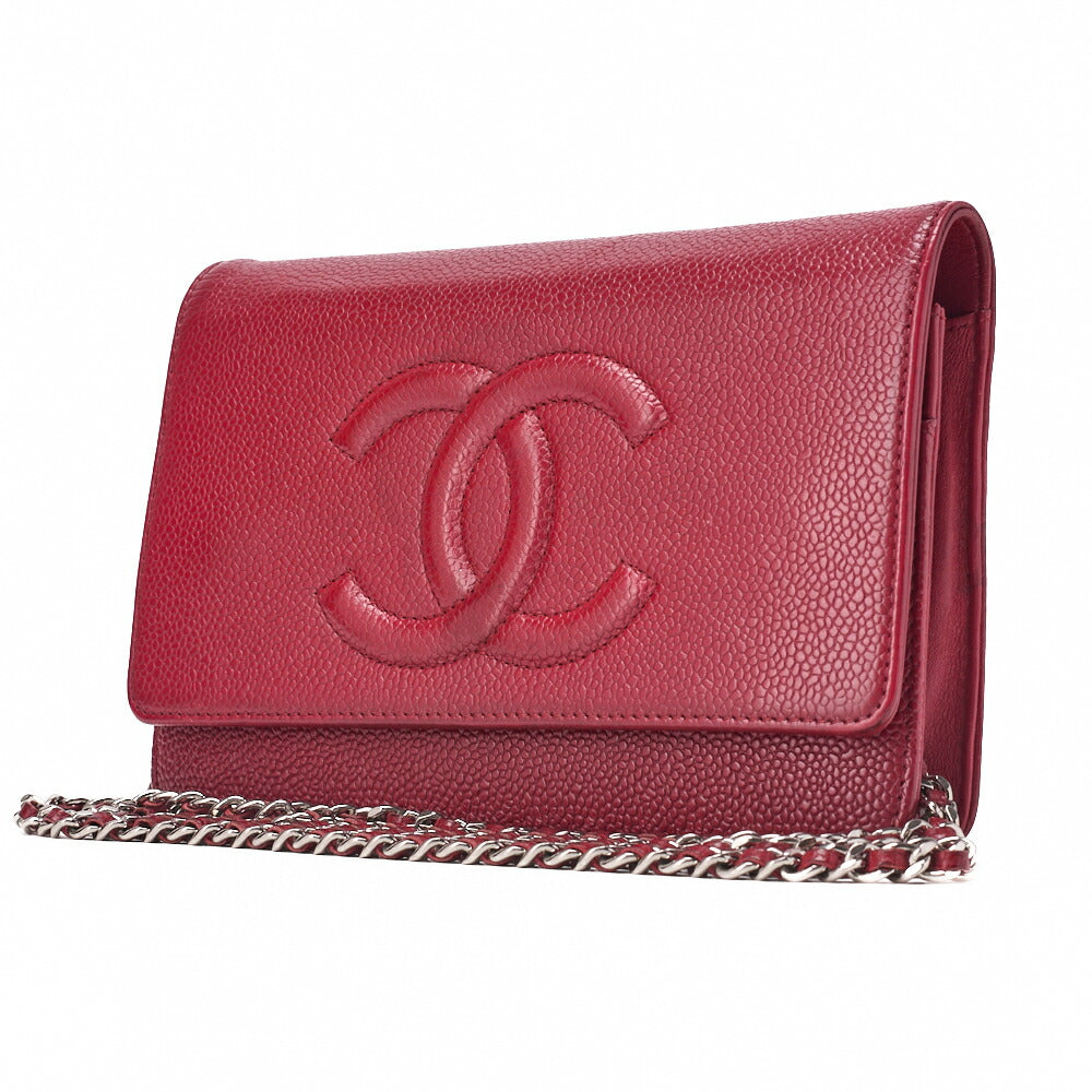 CHANEL Chain Shoulder Bag Chain Wallet Caviar Skin Push Lock Coco Mark Red Silver-Tone Hardware, Pre-Owned