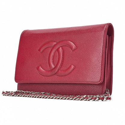 CHANEL Chain Shoulder Bag Chain Wallet Caviar Skin Push Lock Coco Mark Red Silver-Tone Hardware, Pre-Owned