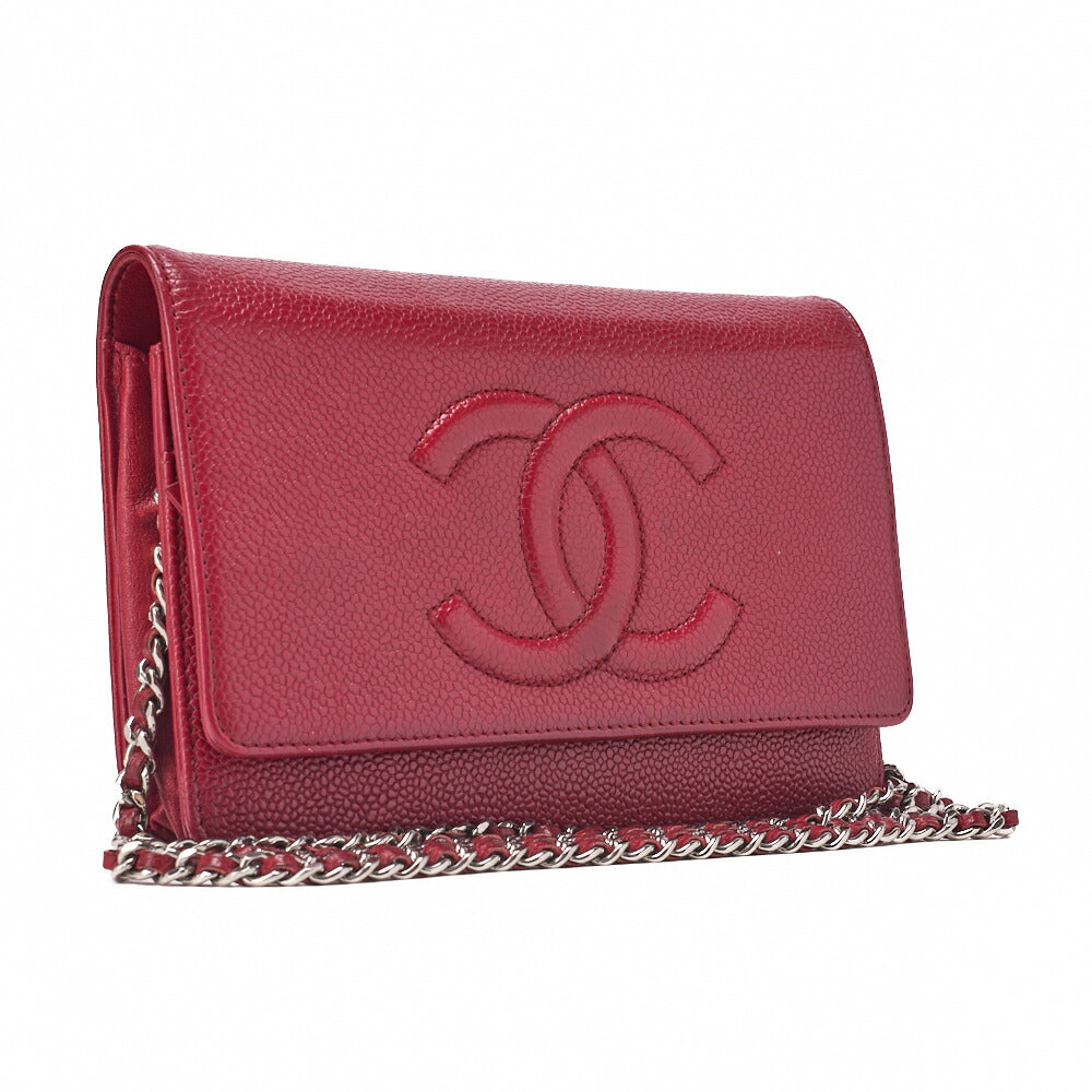 CHANEL Chain Shoulder Bag Chain Wallet Caviar Skin Push Lock Coco Mark Red Silver-Tone Hardware, Pre-Owned