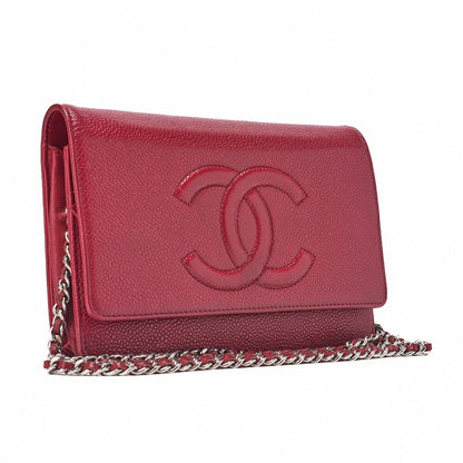 CHANEL Chain Shoulder Bag Chain Wallet Caviar Skin Push Lock Coco Mark Red Silver-Tone Hardware, Pre-Owned