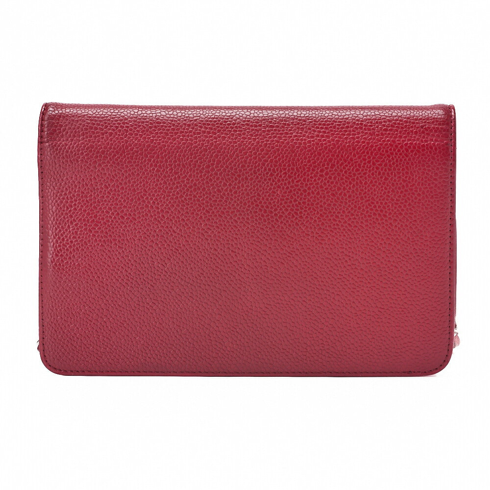 CHANEL Chain Shoulder Bag Chain Wallet Caviar Skin Push Lock Coco Mark Red Silver-Tone Hardware, Pre-Owned
