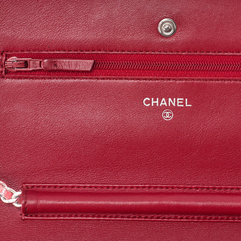 CHANEL Chain Shoulder Bag Chain Wallet Caviar Skin Push Lock Coco Mark Red Silver-Tone Hardware, Pre-Owned