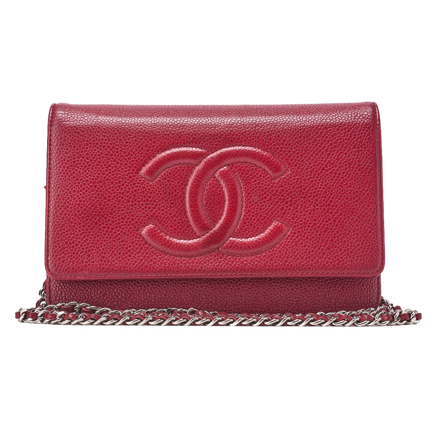 CHANEL Chain Shoulder Bag Chain Wallet Caviar Skin Push Lock Coco Mark Red Silver-Tone Hardware, Pre-Owned