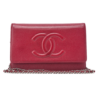 CHANEL Chain Shoulder Bag Chain Wallet Caviar Skin Push Lock Coco Mark Red Silver-Tone Hardware, Pre-Owned