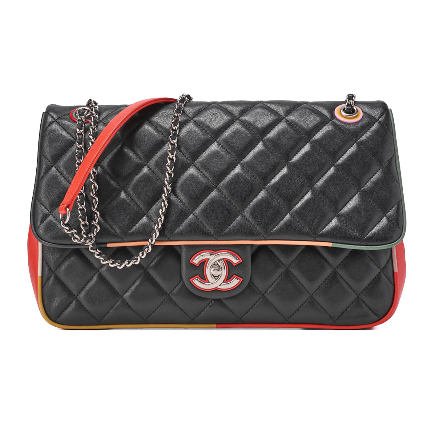CHANEL Che Shoulder Bag Matelasse Single Flap Turnlock Black x Bicolor Silver-Tone Hardware, Pre-Owned
