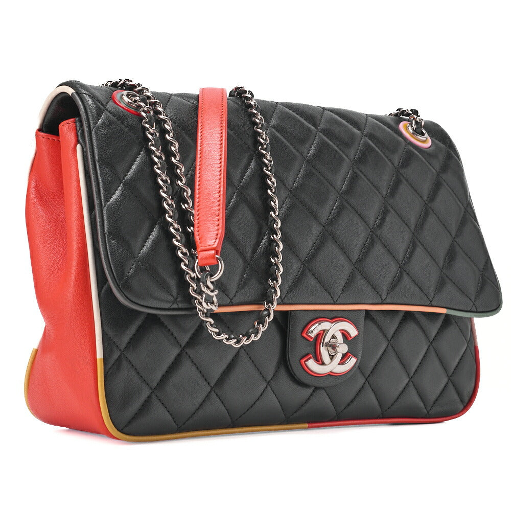 CHANEL Che Shoulder Bag Matelasse Single Flap Turnlock Black x Bicolor Silver-Tone Hardware, Pre-Owned