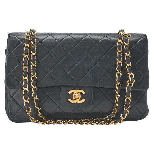 CHANEL Chain Shoulder Bag Matelasse Double Flap 25cm Lambskin Black Gold-Tone Hardware, Pre-Owned