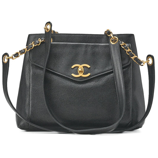 CHANEL Outside Flap Shoulder Bag Caviar Skin Black Gold-Tone Hardware, Pre-Owned