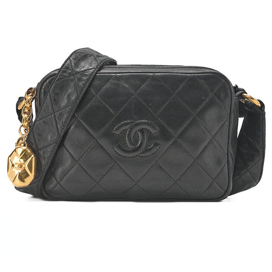 CHANEL Chain Shoulder Bag Matelasse Coco Mark Lambskin Ball Charm Black Gold-Tone Hardware, Pre-Owned
