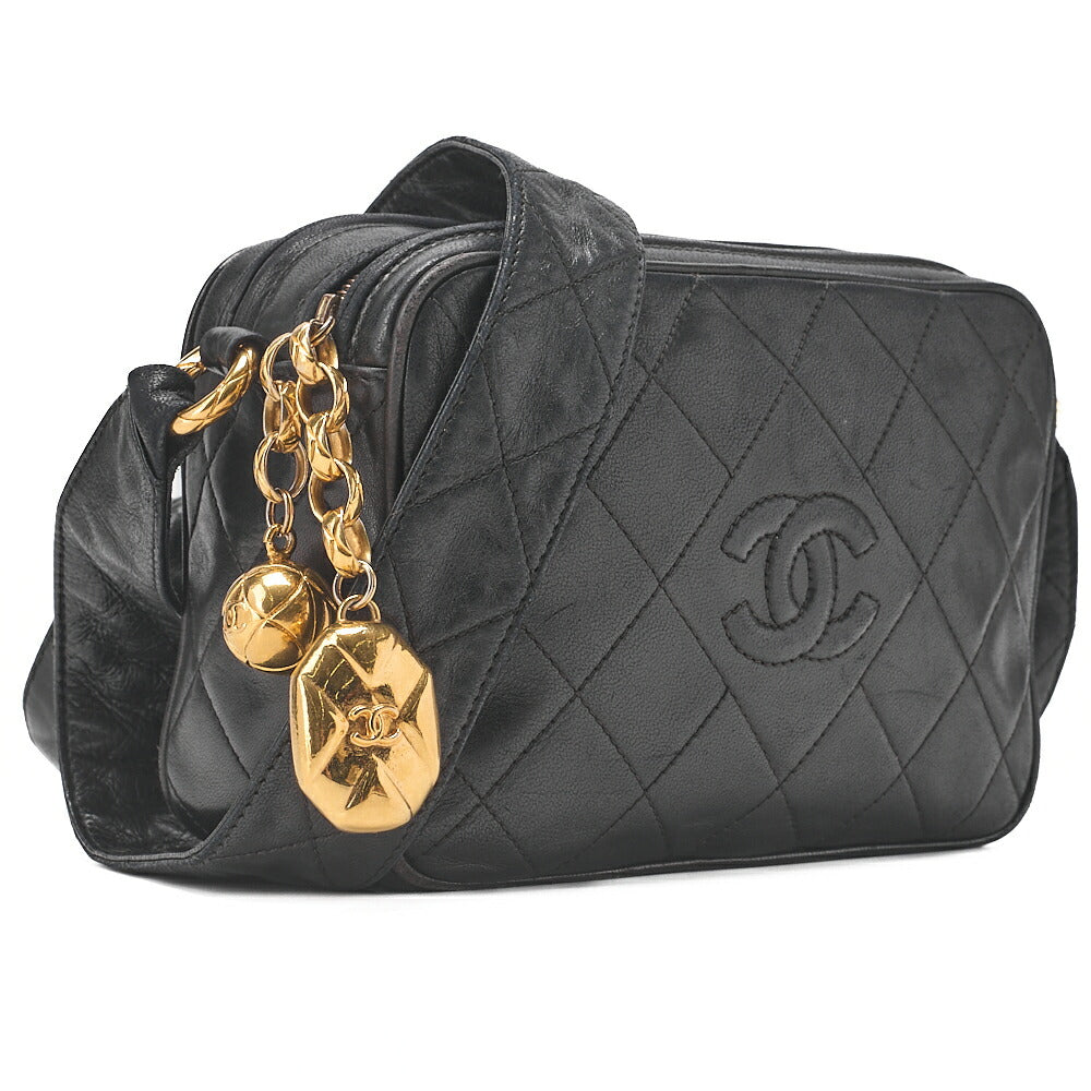 CHANEL チェーンショルダーバッグ マトラッセ ココマーク ラムスキン ボールチャーム 黒 ゴールド金具 中古