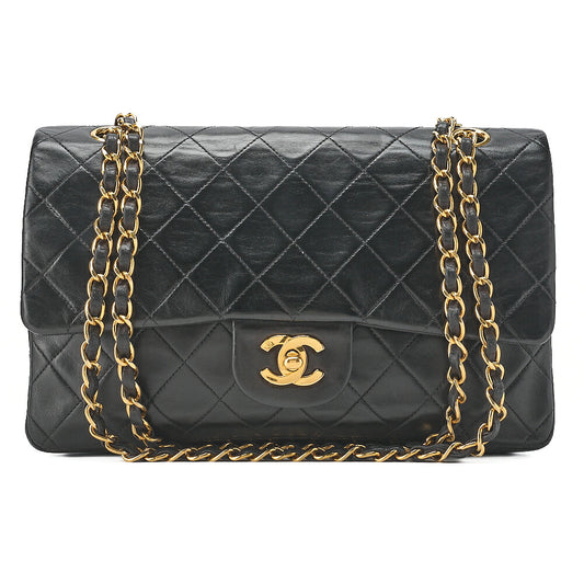 CHANEL Chain Shoulder Bag Matelasse Double Flap 25cm Lambskin Black Gold-Tone Hardware, Pre-Owned