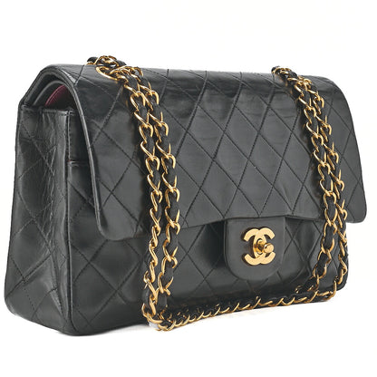 CHANEL Chain Shoulder Bag Matelasse Double Flap 25cm Lambskin Black Gold-Tone Hardware, Pre-Owned