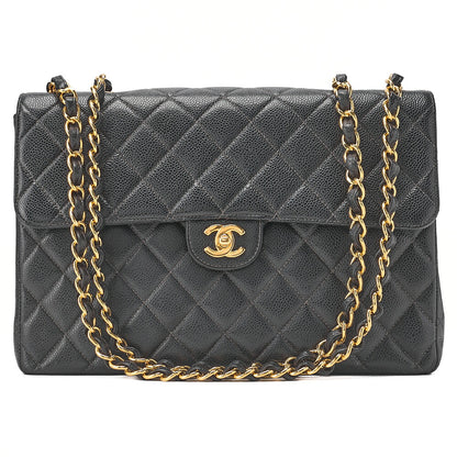CHANEL Chain Shoulder Bag Deca Matelasse Double Flap 30cm Caviar Skin Black Gold-Tone Hardware, Pre-Owned