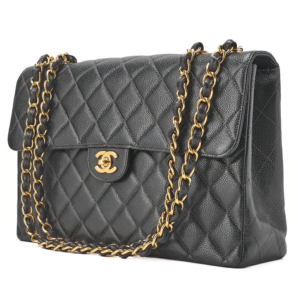 CHANEL Chain Shoulder Bag Deca Matelasse Double Flap 30cm Caviar Skin Black Gold-Tone Hardware, Pre-Owned