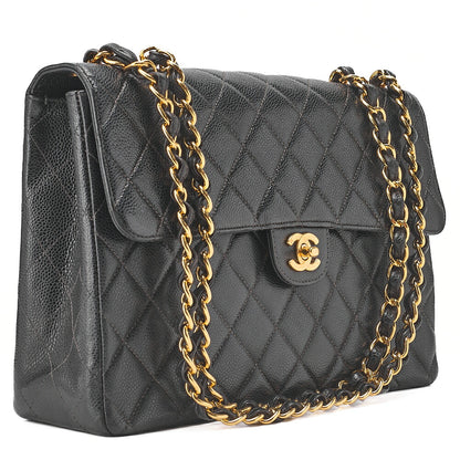 CHANEL Chain Shoulder Bag Deca Matelasse Double Flap 30cm Caviar Skin Black Gold-Tone Hardware, Pre-Owned