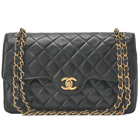CHANEL Chain Shoulder Bag Matelasse Double Flap 25cm Lambskin Black Gold-Tone Hardware, Pre-Owned