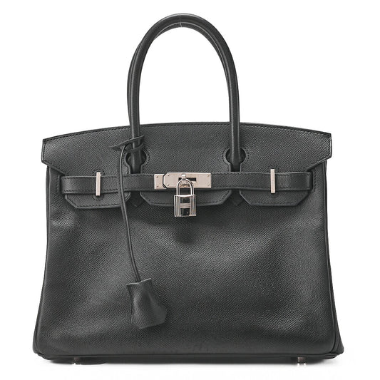 HERMES Birkin 30 Handbag Epson Black Silver-Tone Hardware, Pre-Owned