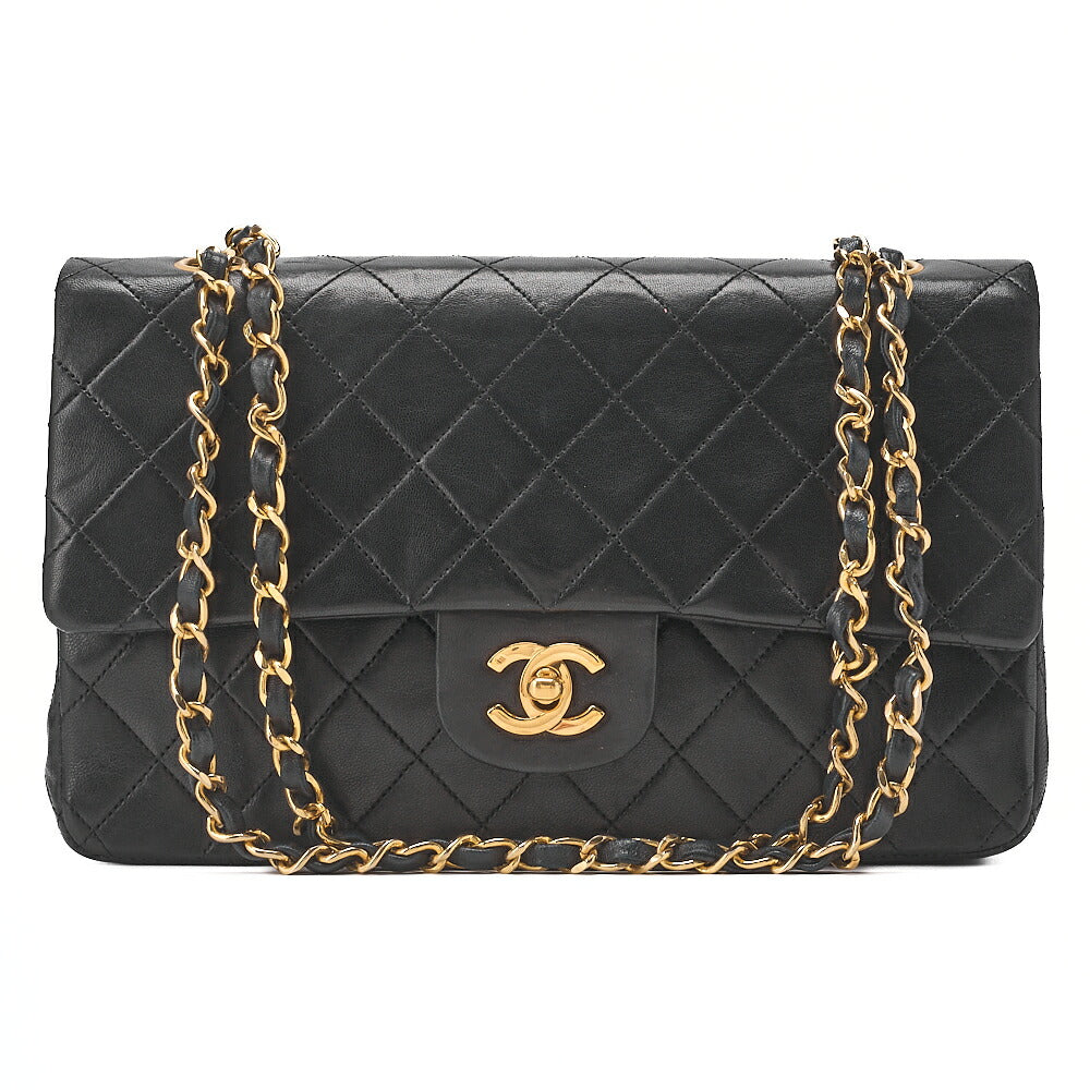 CHANEL Chain Shoulder Bag Matelasse Double Flap 25cm Lambskin Black Gold-Tone Hardware, Pre-Owned