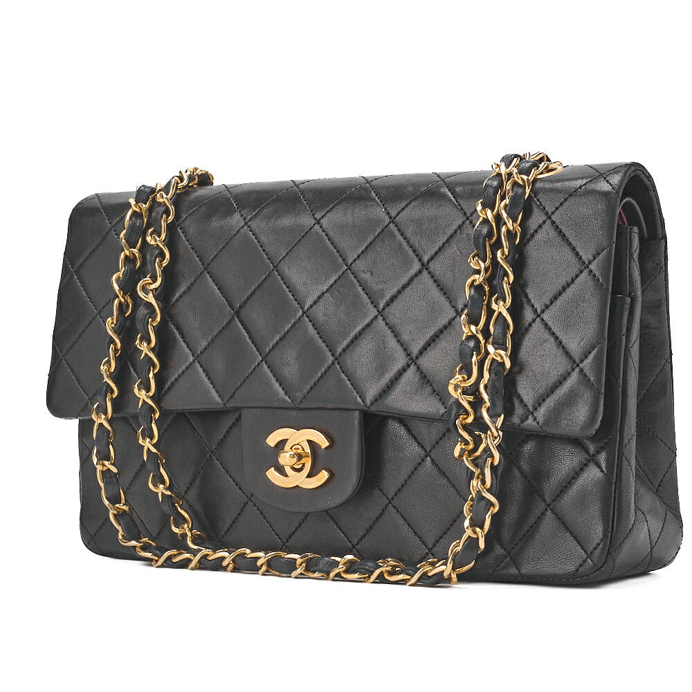 CHANEL Chain Shoulder Bag Matelasse Double Flap 25cm Lambskin Black Gold-Tone Hardware, Pre-Owned