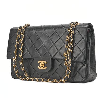 CHANEL Chain Shoulder Bag Matelasse Double Flap 25cm Lambskin Black Gold-Tone Hardware, Pre-Owned