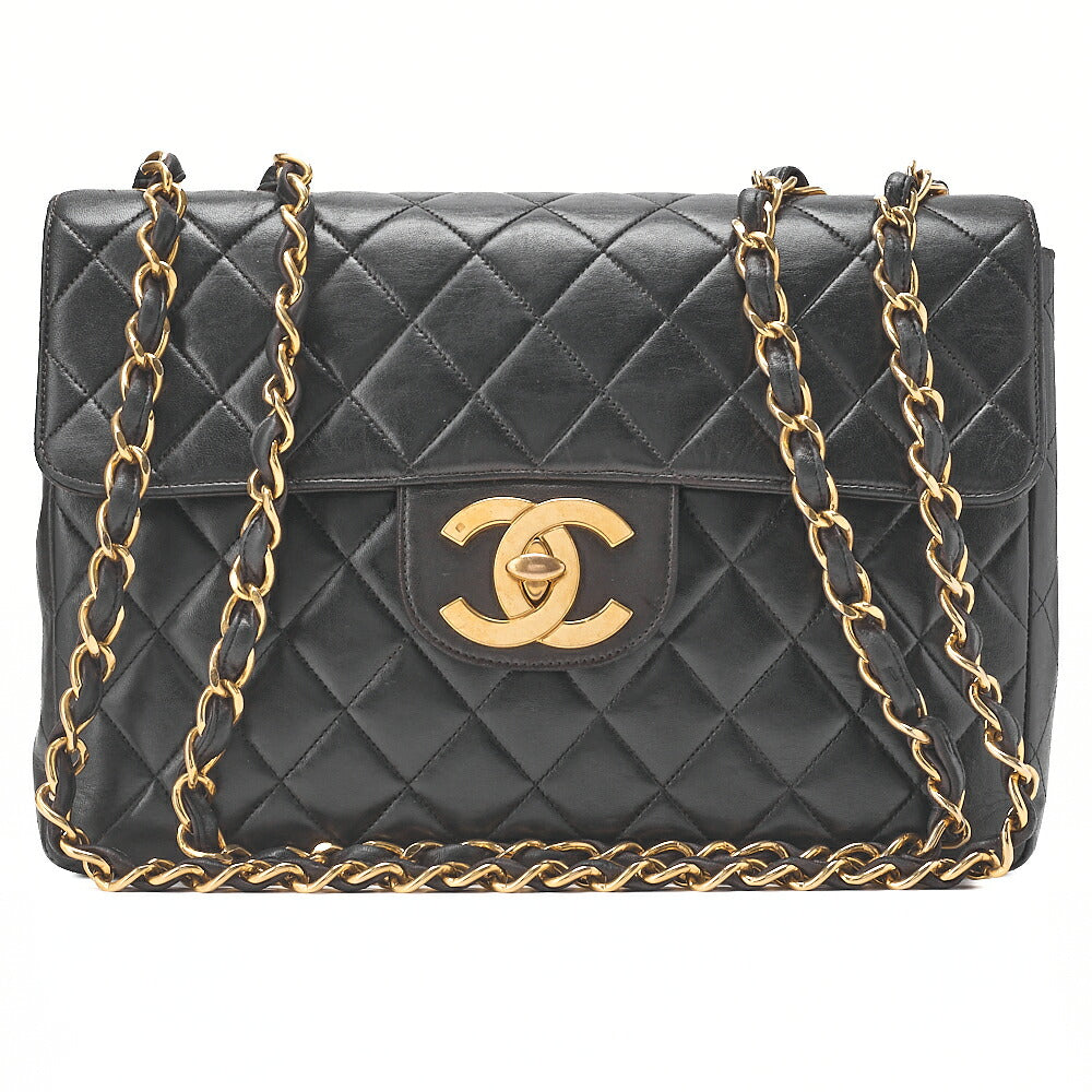 CHANEL Chain Shoulder Bag Deca Matelasse30cm Single Flap Lambskin Black Gold-Tone Hardware, Pre-Owned