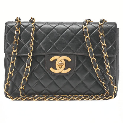 CHANEL Chain Shoulder Bag Deca Matelasse30cm Single Flap Lambskin Black Gold-Tone Hardware, Pre-Owned