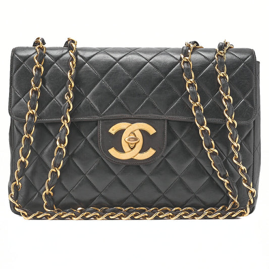 CHANEL Chain Shoulder Bag Deca Matelasse30cm Single Flap Lambskin Black Gold-Tone Hardware, Pre-Owned