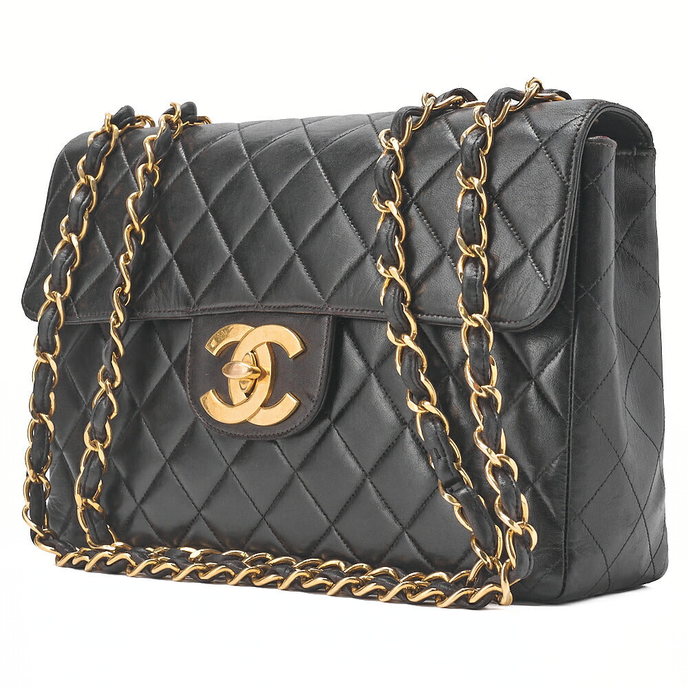 CHANEL Chain Shoulder Bag Deca Matelasse30cm Single Flap Lambskin Black Gold-Tone Hardware, Pre-Owned