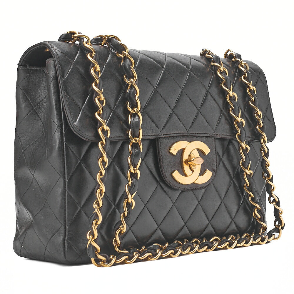 CHANEL Chain Shoulder Bag Deca Matelasse30cm Single Flap Lambskin Black Gold-Tone Hardware, Pre-Owned