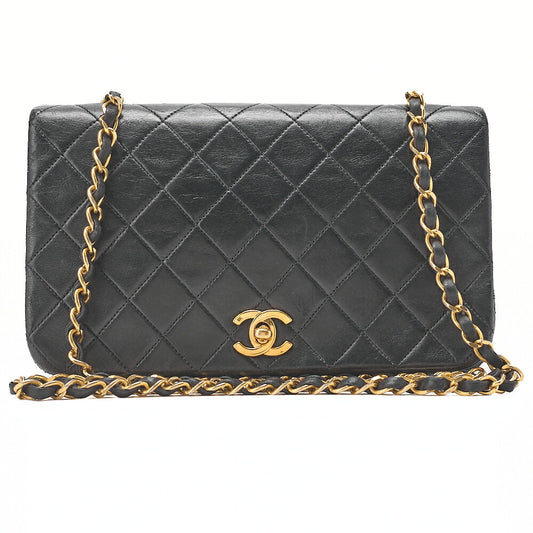 CHANEL Lambskin Matelasse Full Flap Turnlock Chain Shoulder Black Gold-Tone Hardware, Pre-Owned