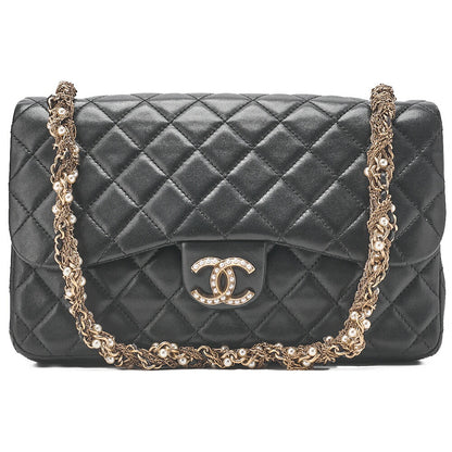 CHANEL Lambskin Matelasse 23cm Westminster Pearl Chain Shoulder Black Gold-Tone Hardware, Pre-Owned