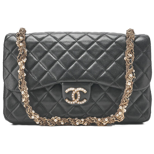 CHANEL Lambskin Matelasse 23cm Westminster Pearl Chain Shoulder Black Gold-Tone Hardware, Pre-Owned