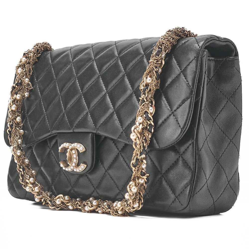 CHANEL Lambskin Matelasse 23cm Westminster Pearl Chain Shoulder Black Gold-Tone Hardware, Pre-Owned