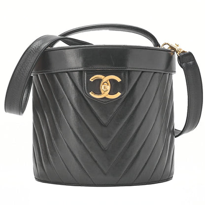 CHANEL Lambskin Chevron Bicolore 2way Vanity Shoulder Black Gold-Tone Hardware, Pre-Owned