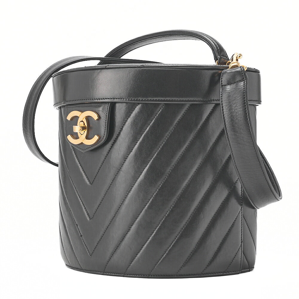 CHANEL Lambskin Chevron Bicolore 2way Vanity Shoulder Black Gold-Tone Hardware, Pre-Owned