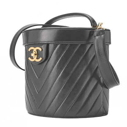 CHANEL Lambskin Chevron Bicolore 2way Vanity Shoulder Black Gold-Tone Hardware, Pre-Owned