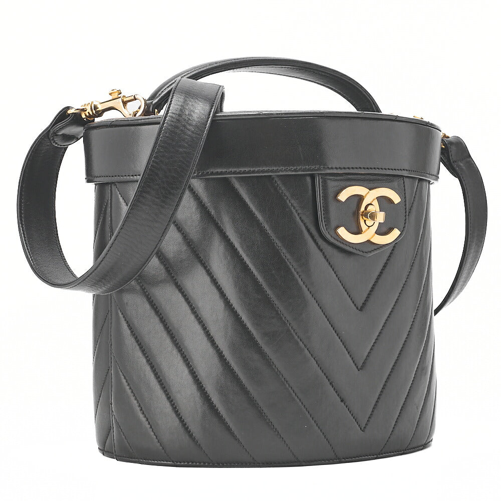 CHANEL Lambskin Chevron Bicolore 2way Vanity Shoulder Black Gold-Tone Hardware, Pre-Owned