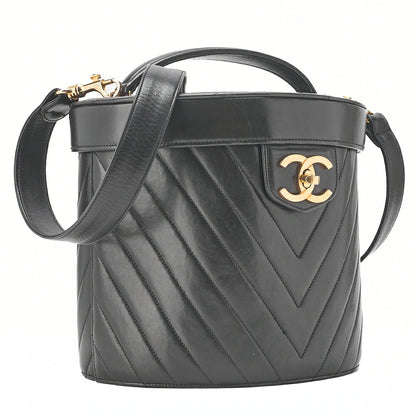 CHANEL Lambskin Chevron Bicolore 2way Vanity Shoulder Black Gold-Tone Hardware, Pre-Owned