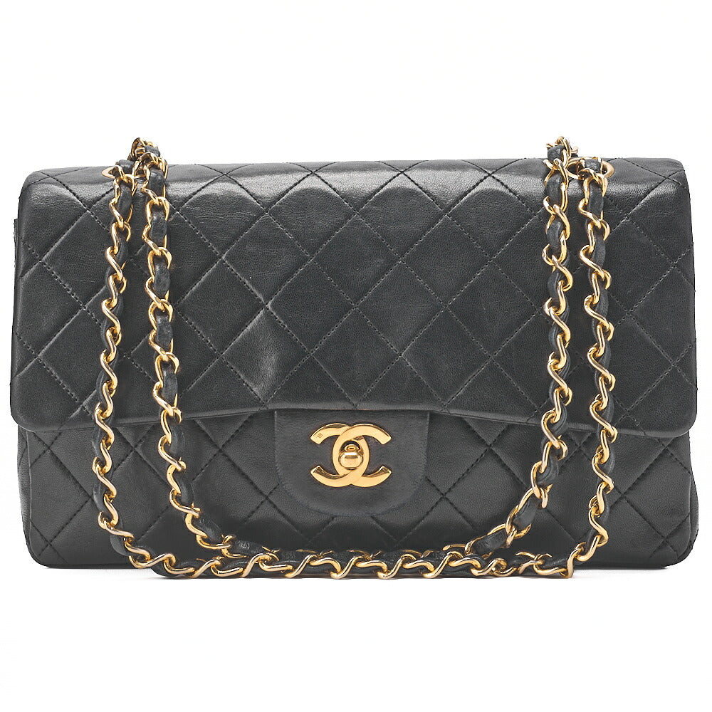 CHANEL Lambskin Matelasse W Flap 25 Chain Shoulder Black Gold-Tone Hardware, Pre-Owned