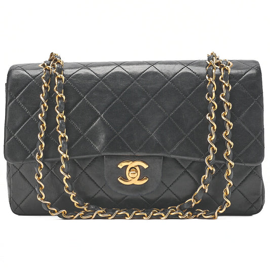 CHANEL Lambskin Matelasse W Flap 25 Chain Shoulder Black Gold-Tone Hardware, Pre-Owned