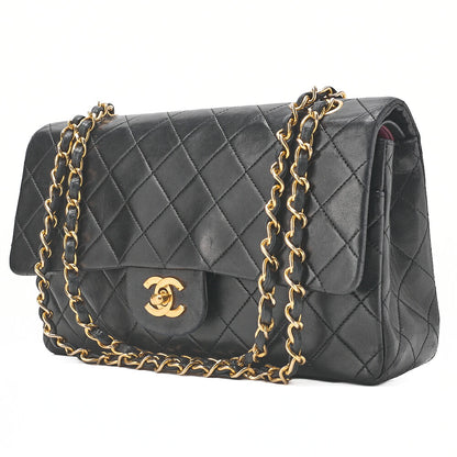 CHANEL Lambskin Matelasse W Flap 25 Chain Shoulder Black Gold-Tone Hardware, Pre-Owned